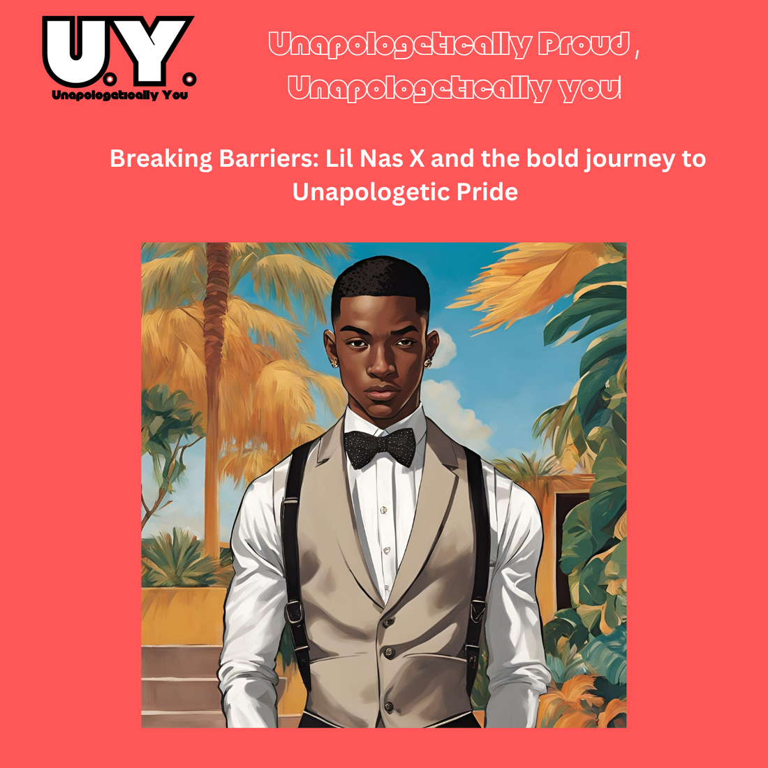 Young black male in high fashion attire, standing confidently with vibrant background, symbolising LGBTQ+ pride resilience and unapologetic self-expression