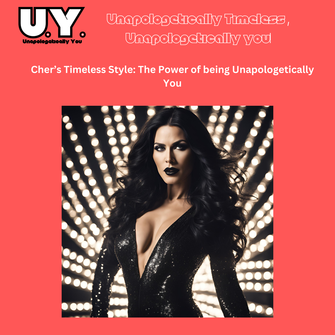 Timeless femail performer in a bold, glamorous, black sequinned body suit, under vibrant stage lights, capturing the spirit of unapologetic self-expression and iconic style inspired by Cher's fierce individuality