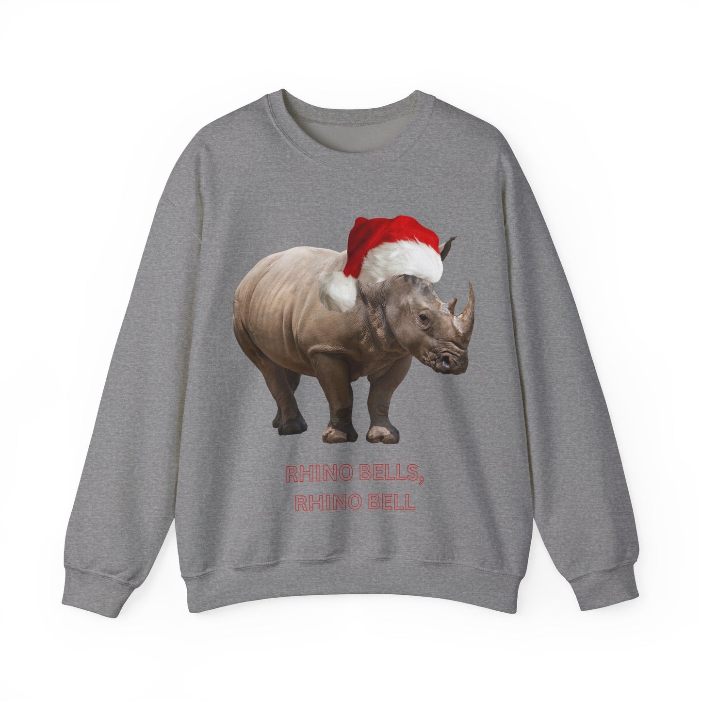 vibrant Rhino themed christmas jumper for animal lovers and wildlife lovers. Rhino Bells - play on jingle bells christmas song