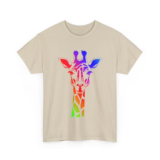 vibrant animal lover t-shirt with colourful rainbow giraffe outline. Great for as a gift. Great for wildlife adventures.