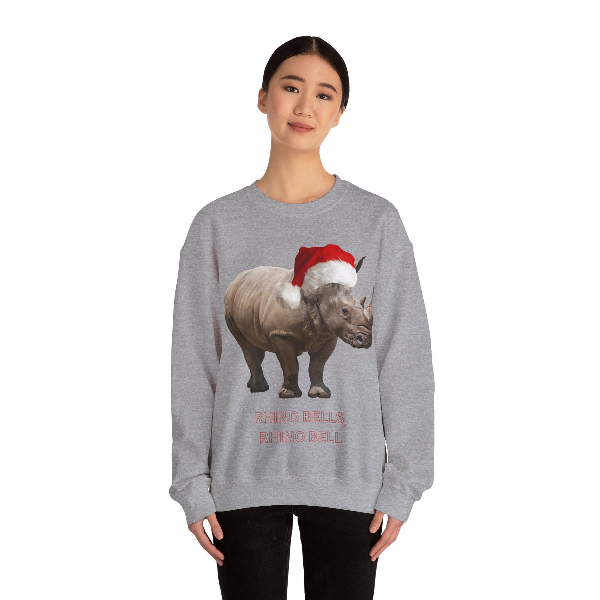 vibrant Rhino themed christmas jumper for animal lovers and wildlife lovers. Rhino Bells - play on jingle bells christmas song