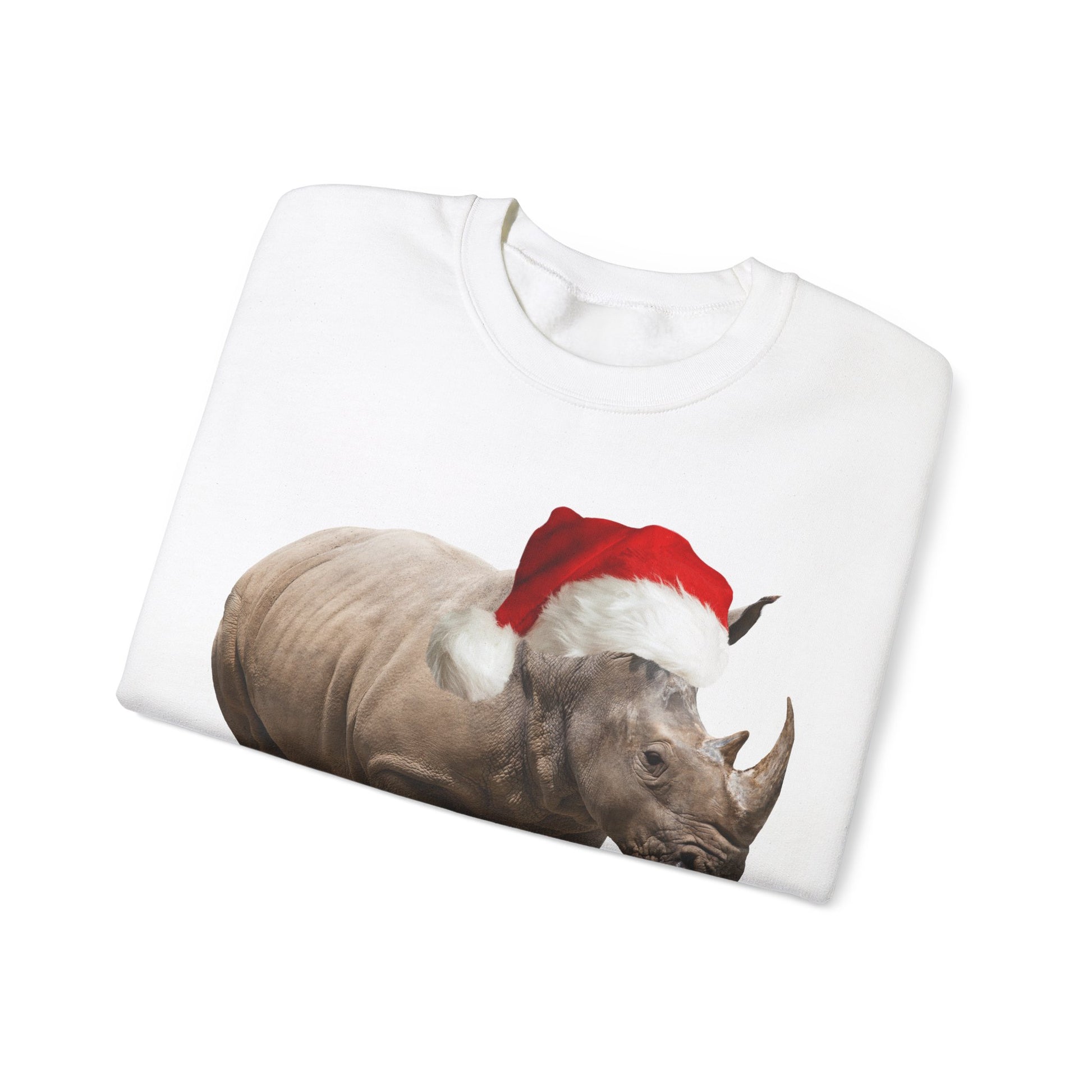 vibrant Rhino themed christmas jumper for animal lovers and wildlife lovers. Rhino Bells - play on jingle bells christmas song