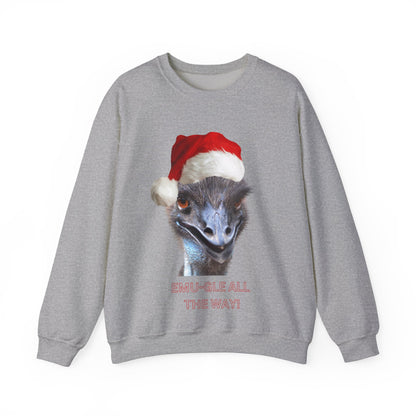 vibrant Emu themed christmas jumper for animal lovers and wildlife lovers. Emu-gle all the way - play on jingle all the way christmas song