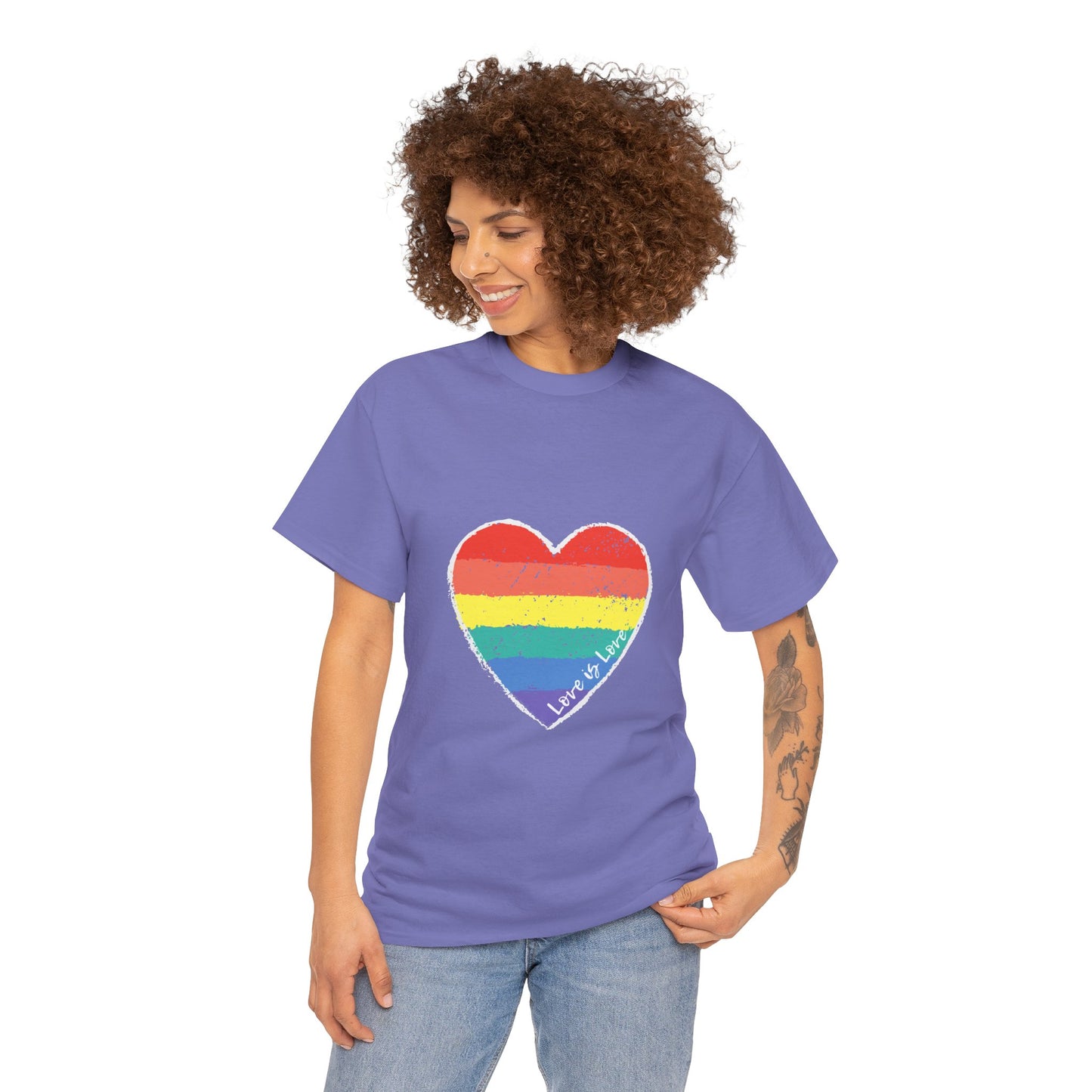 Unisex Heavy Cotton Tee - Love Is Love Rainbow Heart