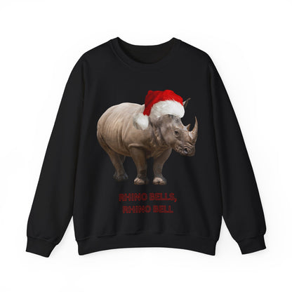 vibrant Rhino themed christmas jumper for animal lovers and wildlife lovers. Rhino Bells - play on jingle bells christmas song