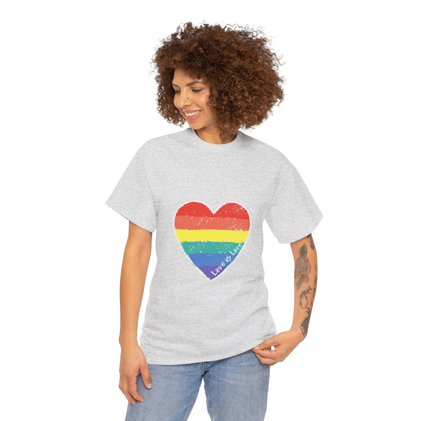 Unisex Heavy Cotton Tee - Love Is Love Rainbow Heart