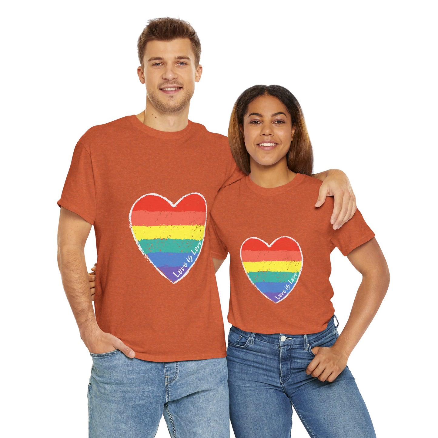 Unisex Heavy Cotton Tee - Love Is Love Rainbow Heart