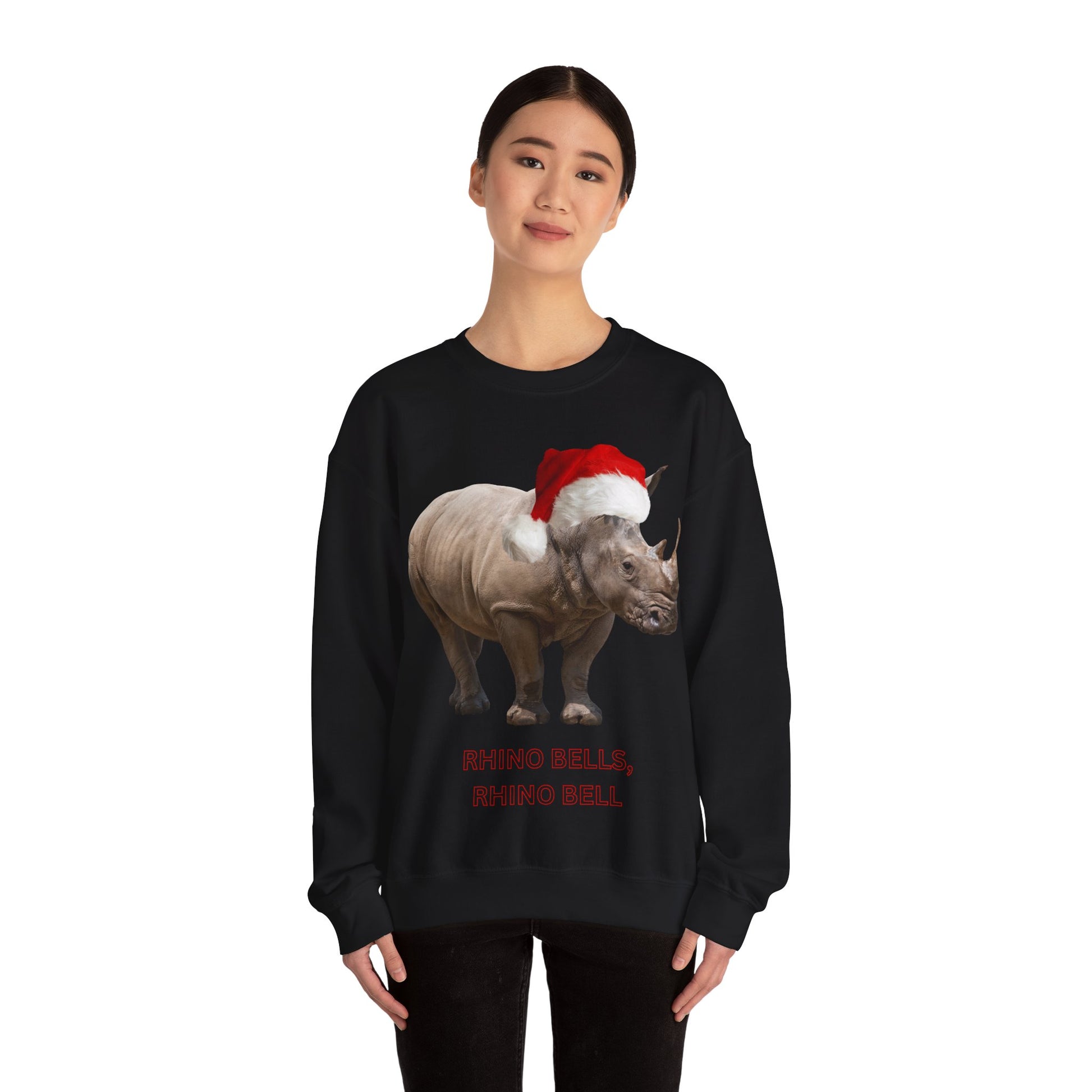 vibrant Rhino themed christmas jumper for animal lovers and wildlife lovers. Rhino Bells - play on jingle bells christmas song