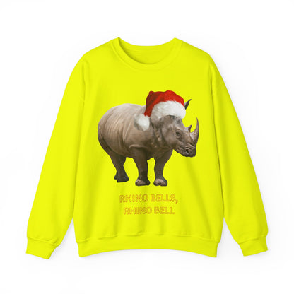 vibrant Rhino themed christmas jumper for animal lovers and wildlife lovers. Rhino Bells - play on jingle bells christmas song