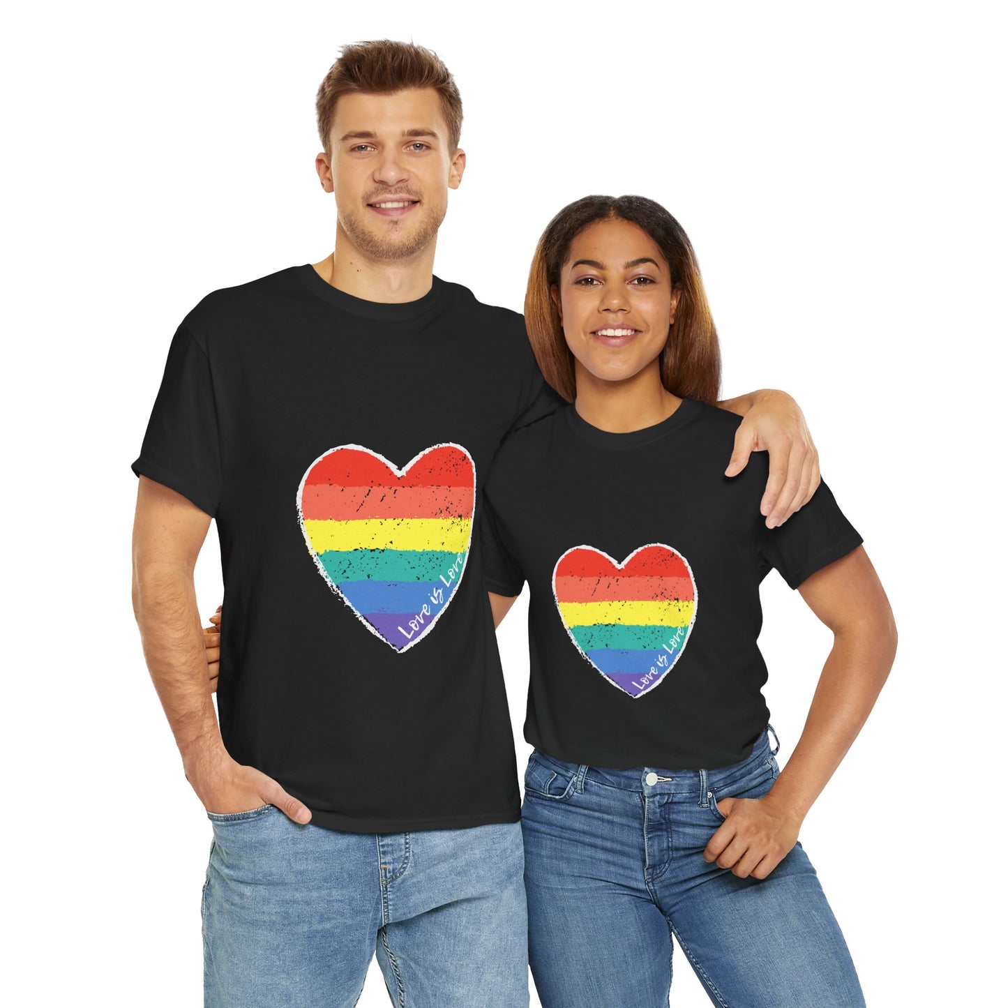 Unisex Heavy Cotton Tee - Love Is Love Rainbow Heart