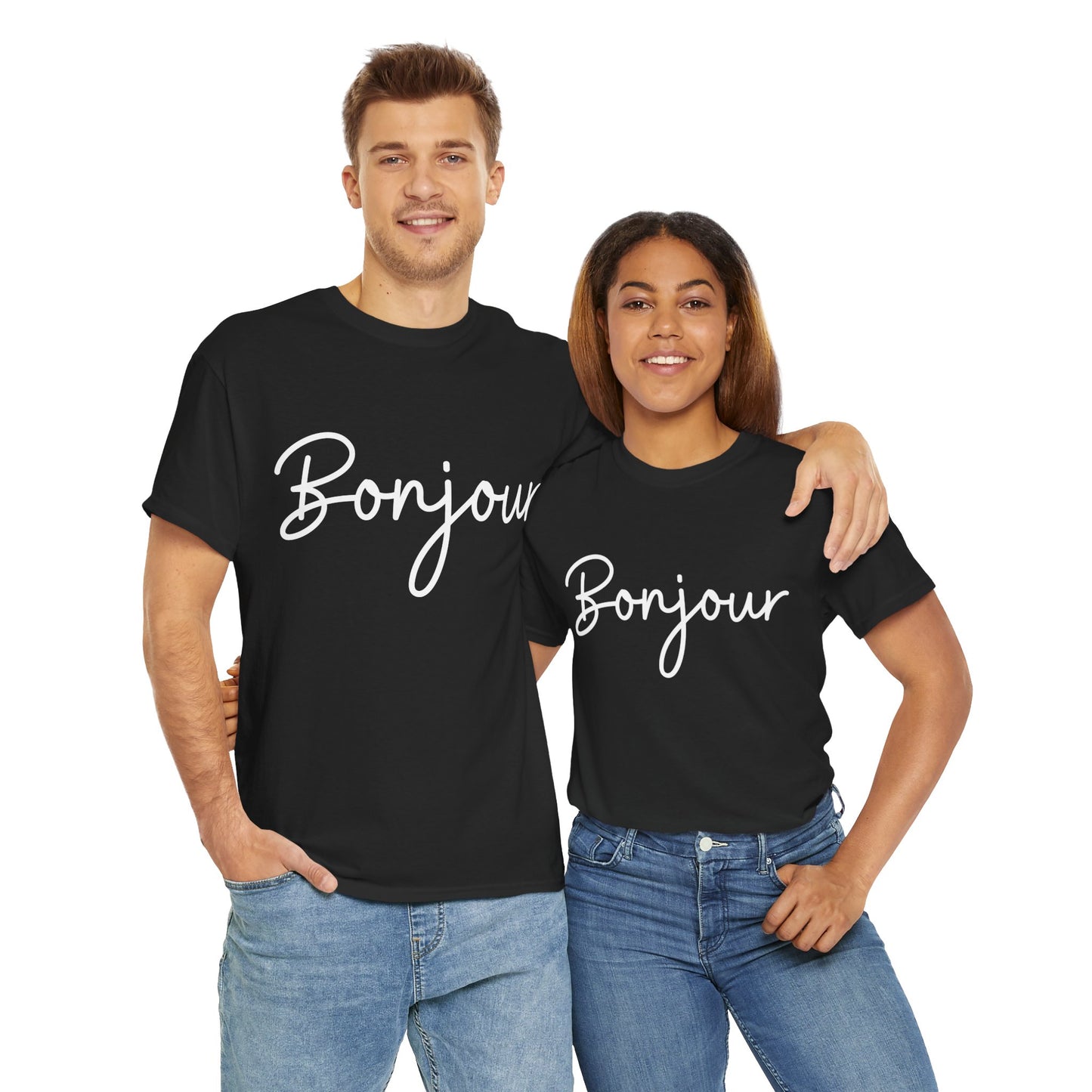 "Bonjour" & "Au Revoir" (French Greetings) Unisex Heavy Cotton Tee