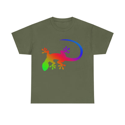 vibrant animal lover t-shirt with colourful rainbow gecko outline. Great for as a gift. Great for wildlife adventures.