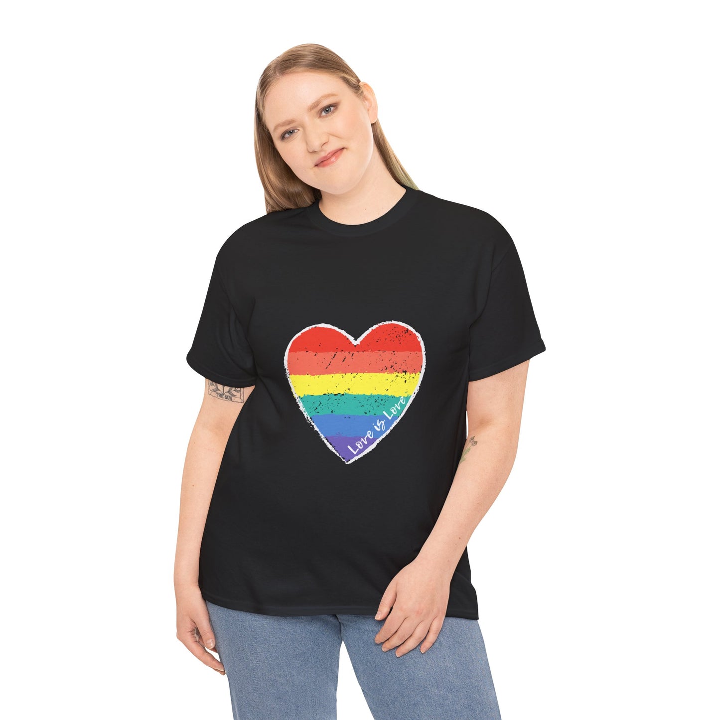 Unisex Heavy Cotton Tee - Love Is Love Rainbow Heart