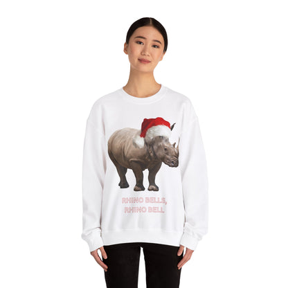 vibrant Rhino themed christmas jumper for animal lovers and wildlife lovers. Rhino Bells - play on jingle bells christmas song