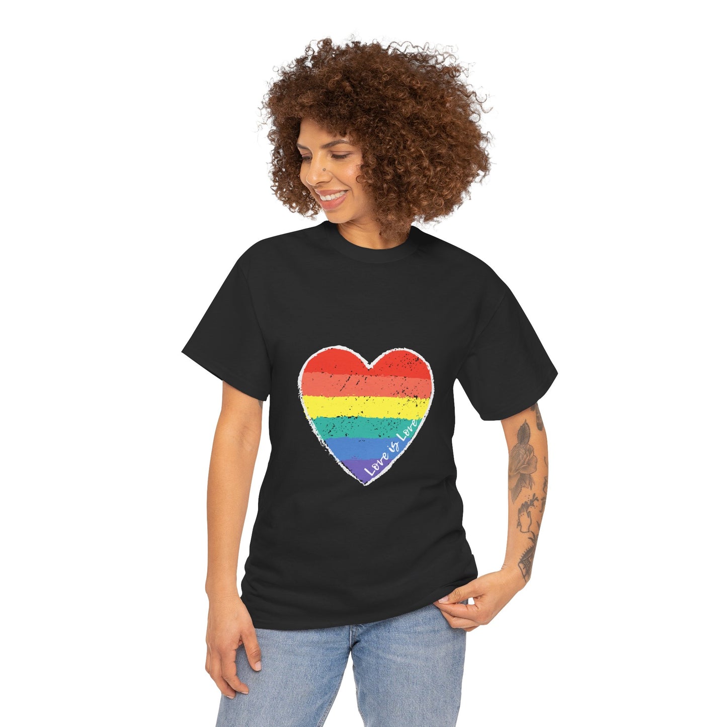 Unisex Heavy Cotton Tee - Love Is Love Rainbow Heart