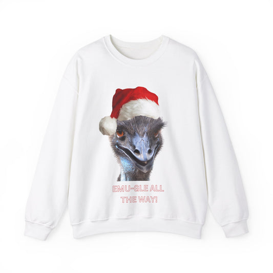 vibrant Emu themed christmas jumper for animal lovers and wildlife lovers. Emu-gle all the way - play on jingle all the way christmas song