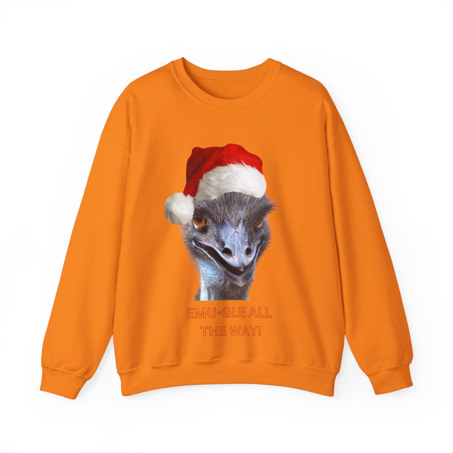 vibrant Emu themed christmas jumper for animal lovers and wildlife lovers. Emu-gle all the way - play on jingle all the way christmas song