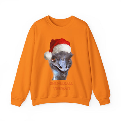 vibrant Emu themed christmas jumper for animal lovers and wildlife lovers. Emu-gle all the way - play on jingle all the way christmas song