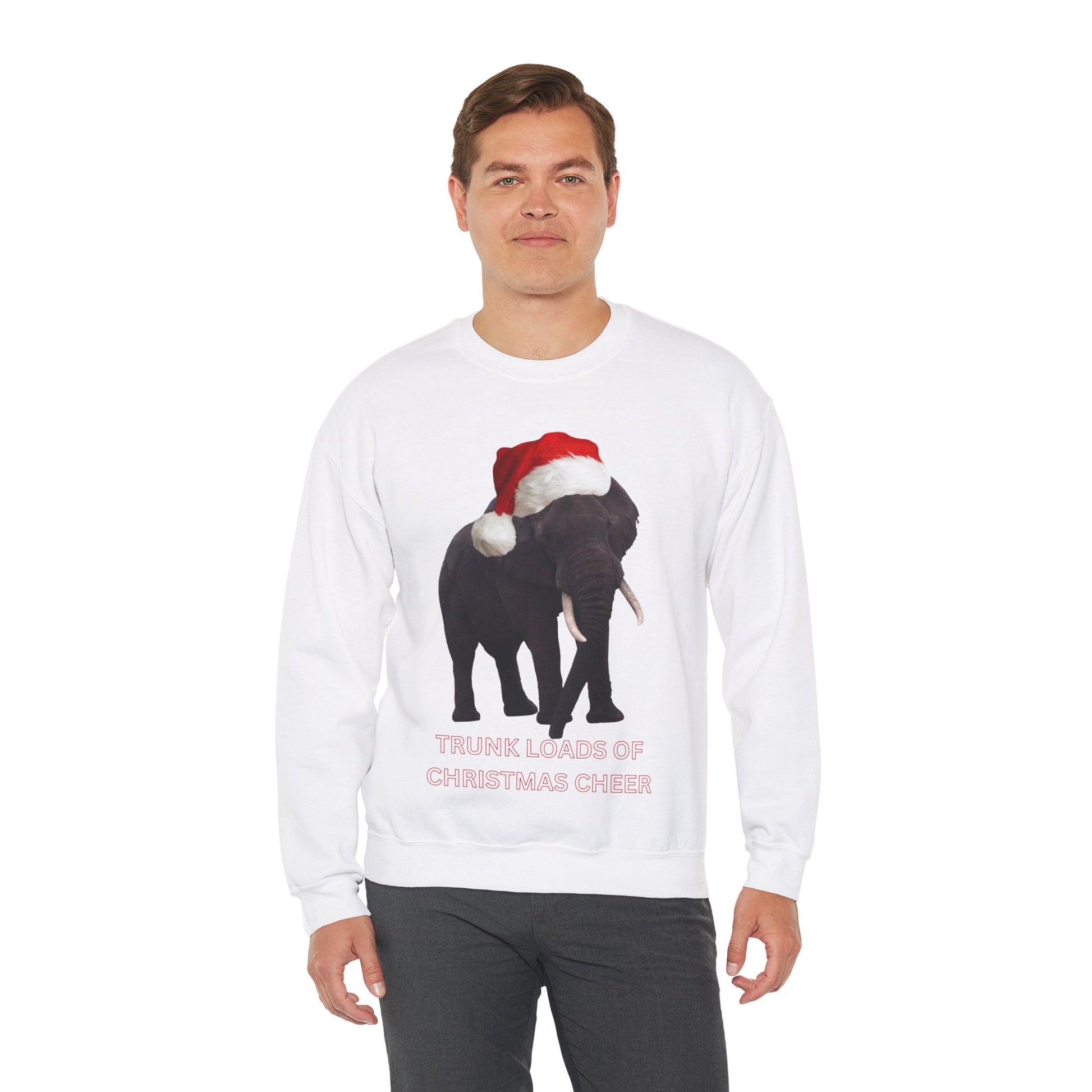 vibrant Elephant themed christmas jumper for animal lovers and wildlife lovers. trunk loads of Christmas Cheer