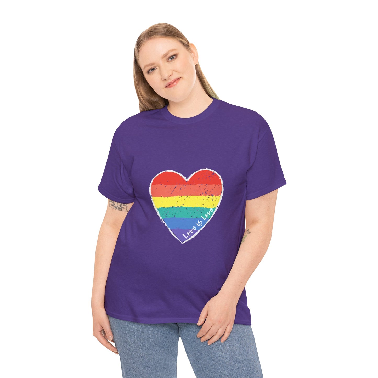 Unisex Heavy Cotton Tee - Love Is Love Rainbow Heart