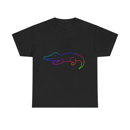 vibrant animal lover t-shirt with colourful rainbow crocodile outline. Great for as a gift. Great for wildlife adventures.