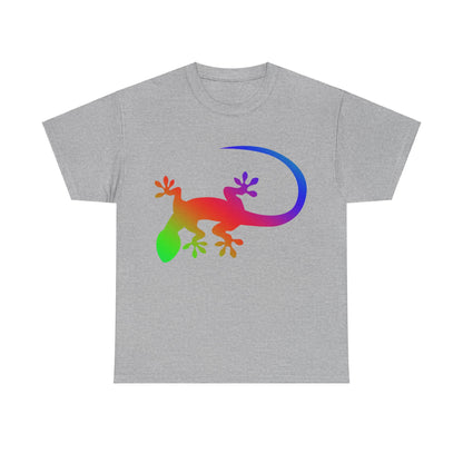 vibrant animal lover t-shirt with colourful rainbow gecko outline. Great for as a gift. Great for wildlife adventures.