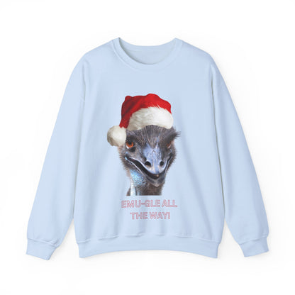 vibrant Emu themed christmas jumper for animal lovers and wildlife lovers. Emu-gle all the way - play on jingle all the way christmas song