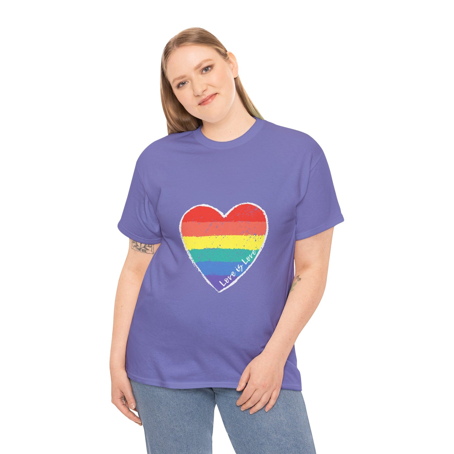 Unisex Heavy Cotton Tee - Love Is Love Rainbow Heart