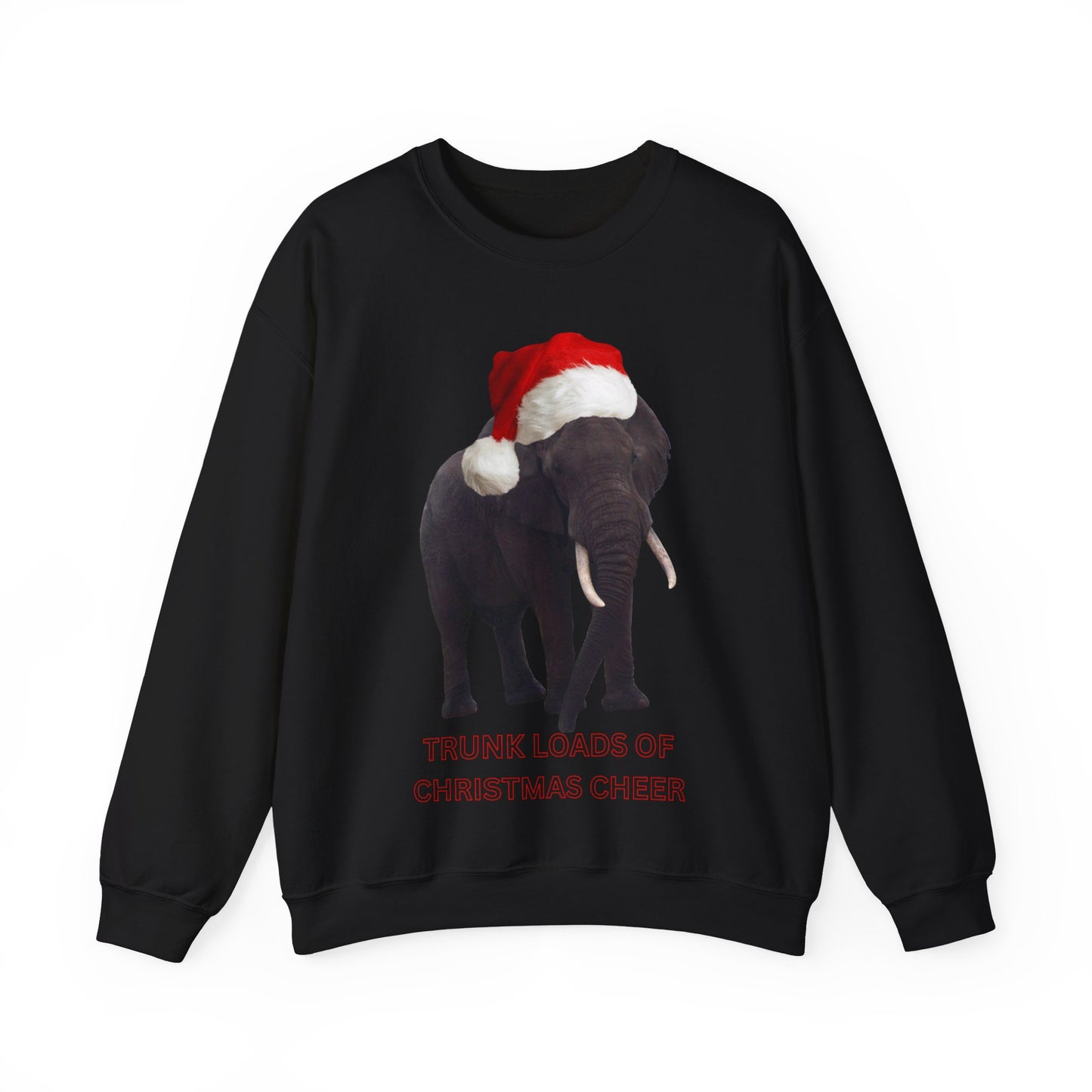 vibrant Elephant themed christmas jumper for animal lovers and wildlife lovers. trunk loads of Christmas Cheer