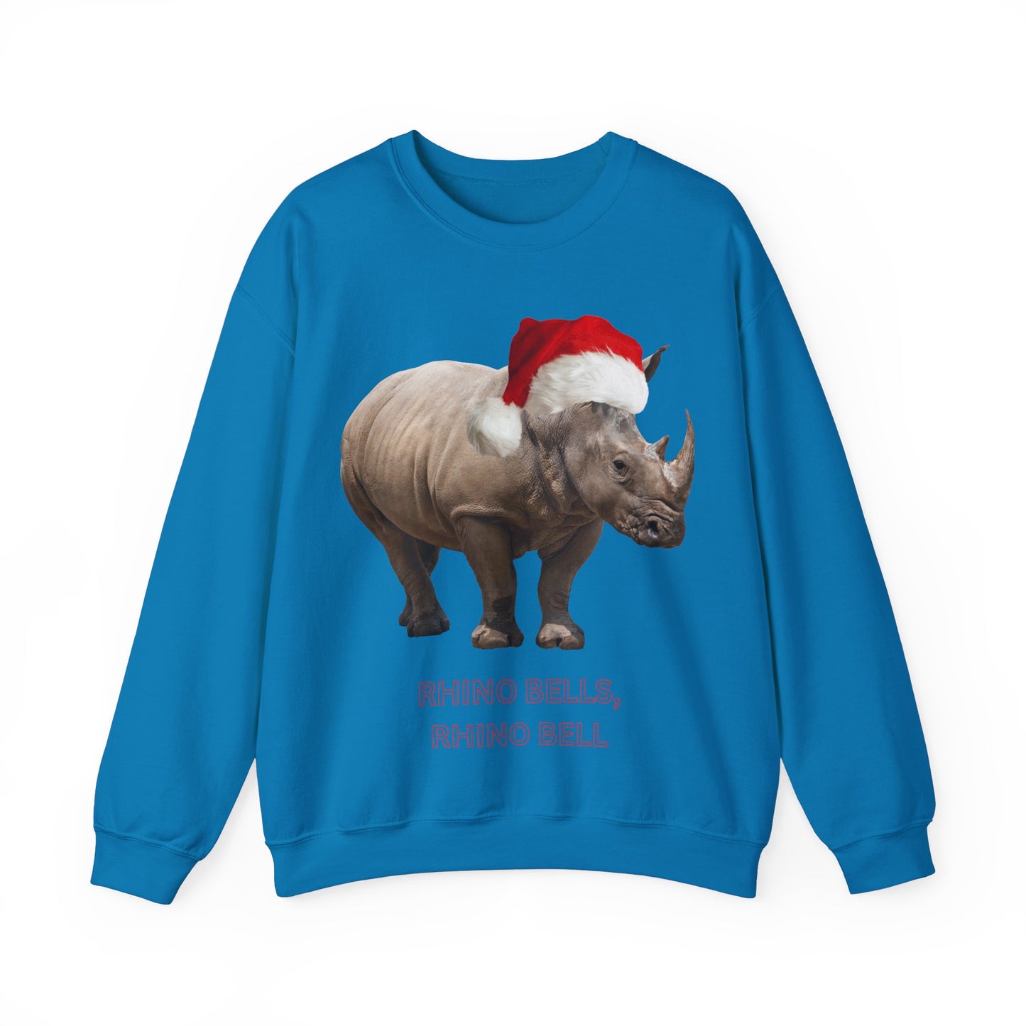 vibrant Rhino themed christmas jumper for animal lovers and wildlife lovers. Rhino Bells - play on jingle bells christmas song