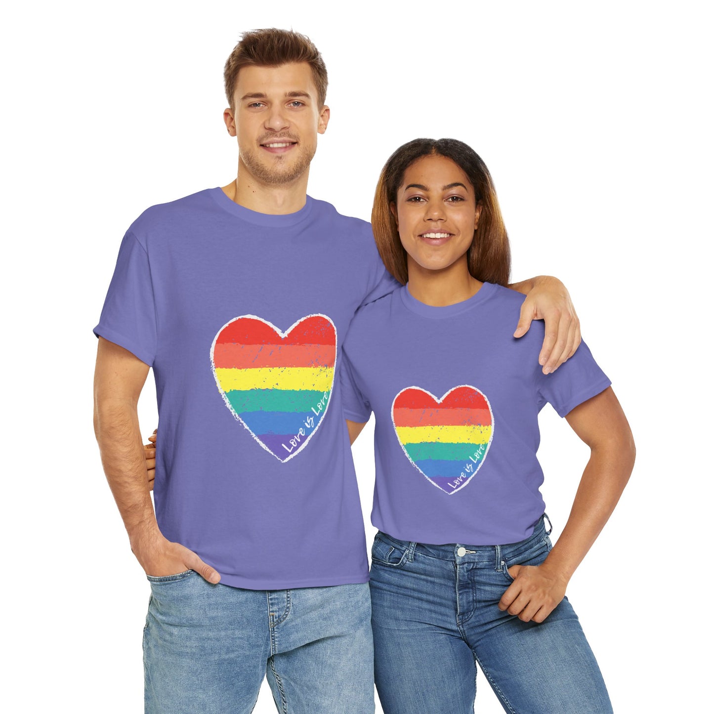 Unisex Heavy Cotton Tee - Love Is Love Rainbow Heart