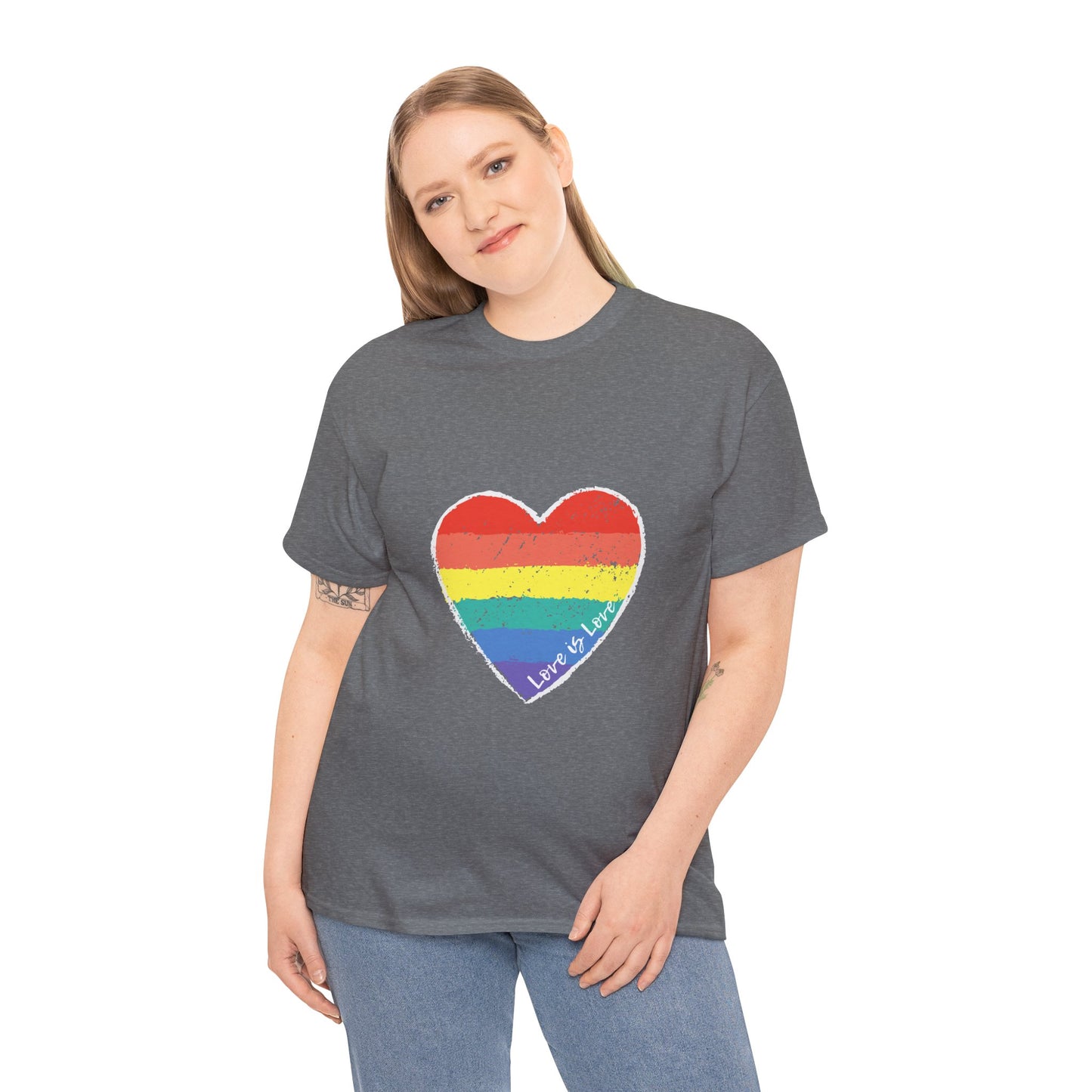 Unisex Heavy Cotton Tee - Love Is Love Rainbow Heart