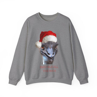 vibrant Emu themed christmas jumper for animal lovers and wildlife lovers. Emu-gle all the way - play on jingle all the way christmas song