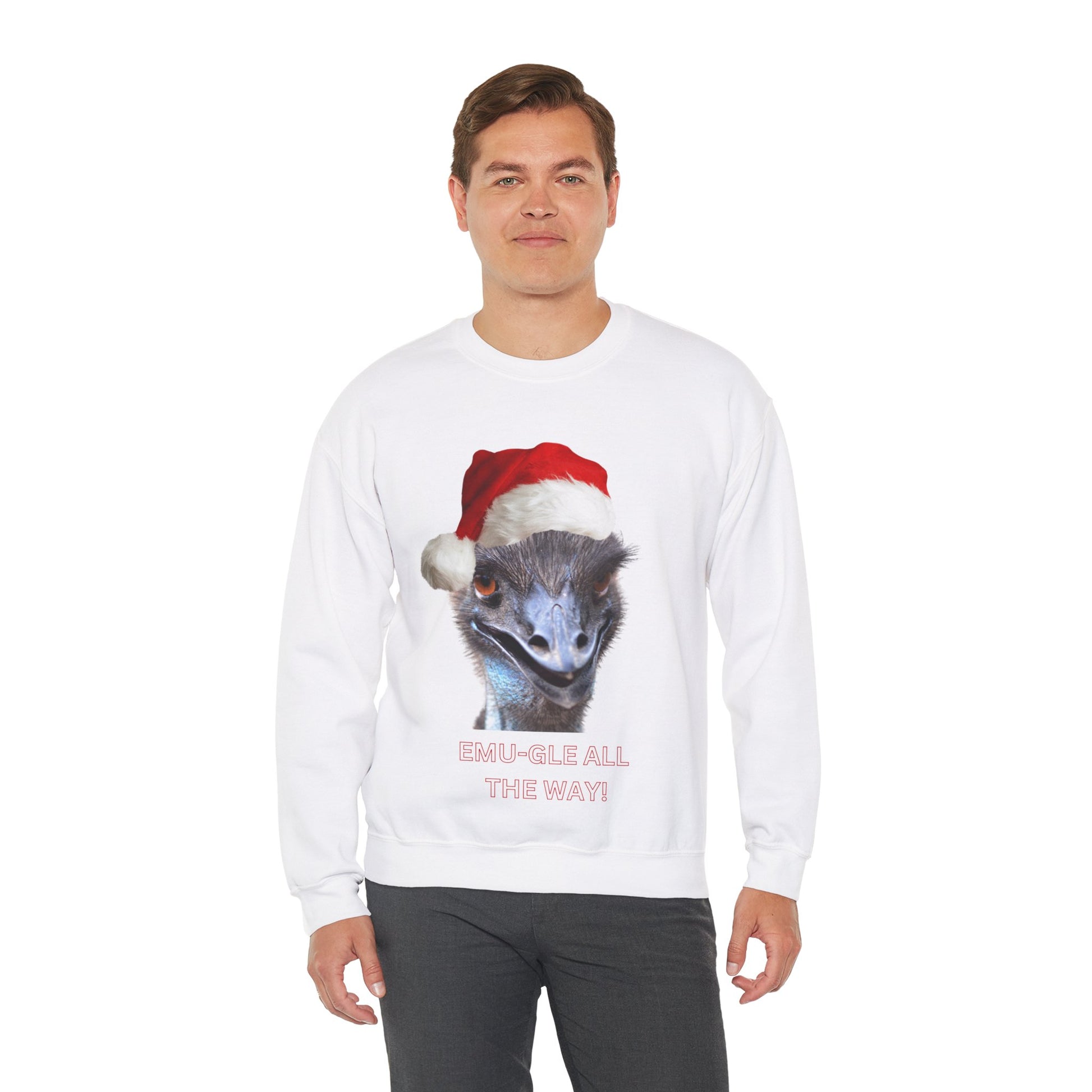 vibrant Emu themed christmas jumper for animal lovers and wildlife lovers. Emu-gle all the way - play on jingle all the way christmas song