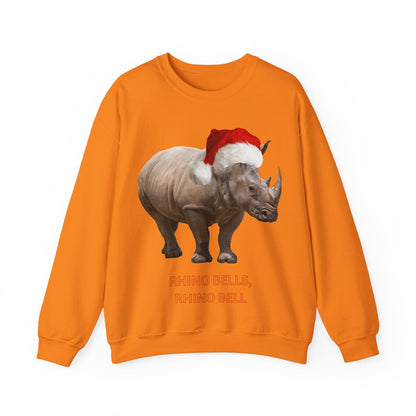 vibrant Rhino themed christmas jumper for animal lovers and wildlife lovers. Rhino Bells - play on jingle bells christmas song