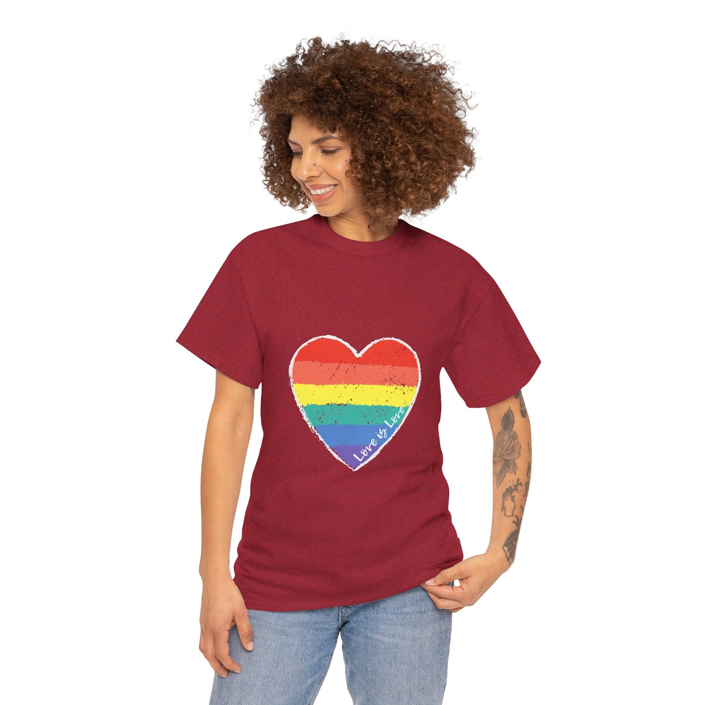 Unisex Heavy Cotton Tee - Love Is Love Rainbow Heart