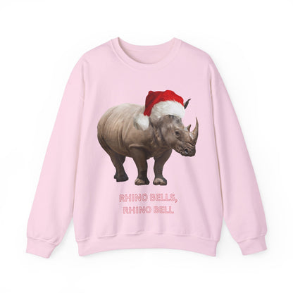 vibrant Rhino themed christmas jumper for animal lovers and wildlife lovers. Rhino Bells - play on jingle bells christmas song