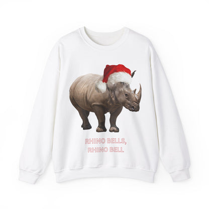 vibrant Rhino themed christmas jumper for animal lovers and wildlife lovers. Rhino Bells - play on jingle bells christmas song