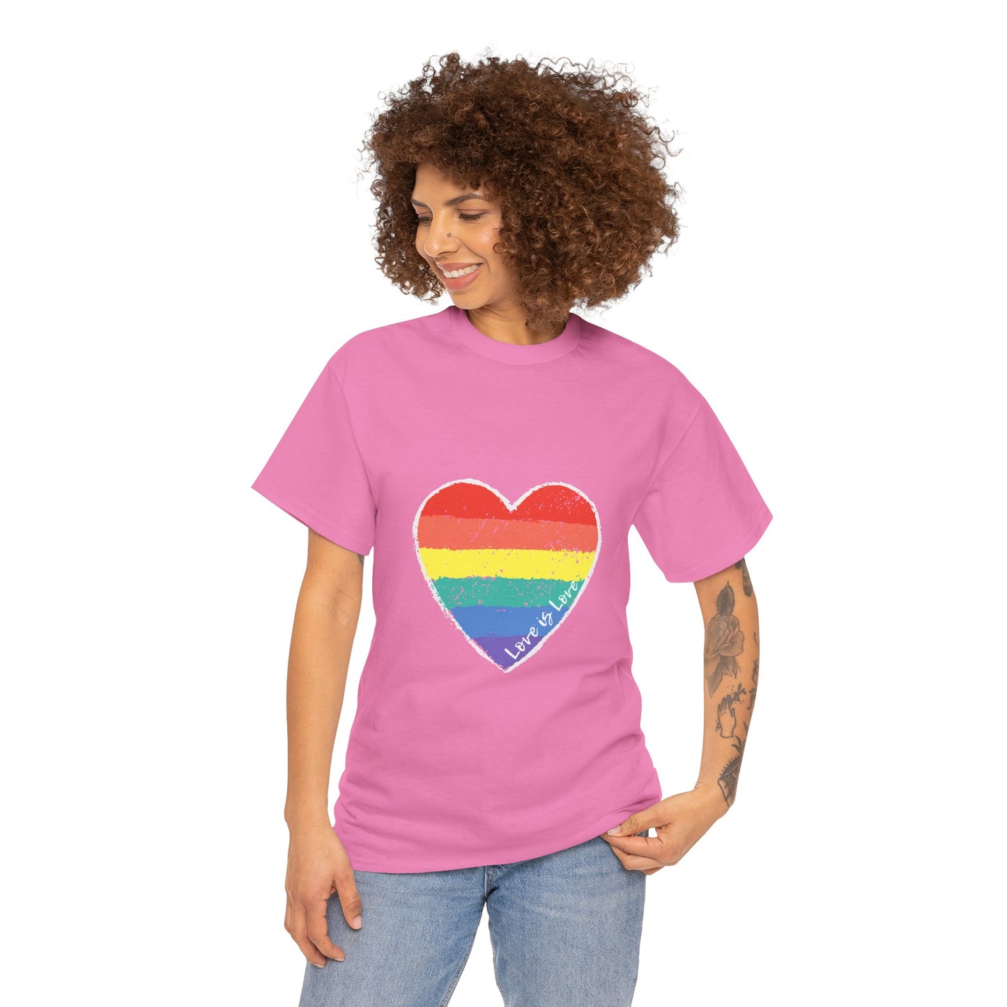 Unisex Heavy Cotton Tee - Love Is Love Rainbow Heart