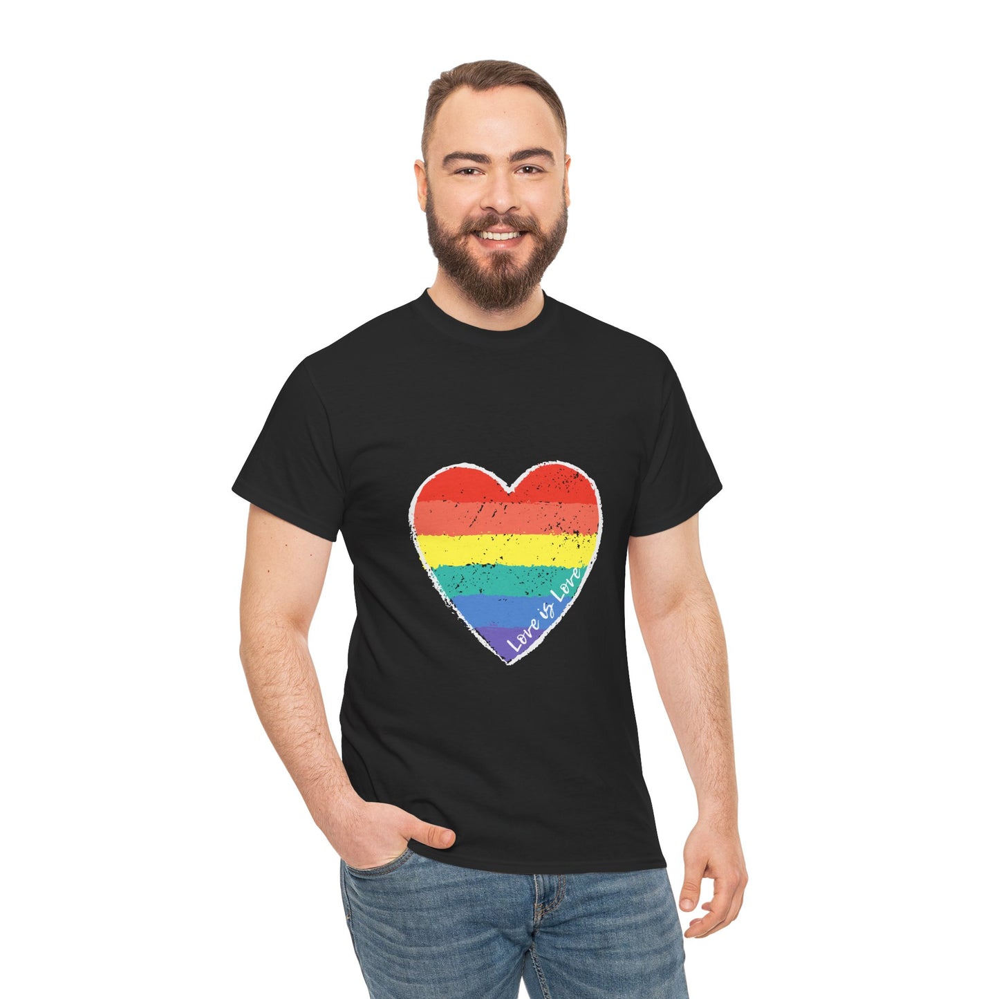 Unisex Heavy Cotton Tee - Love Is Love Rainbow Heart