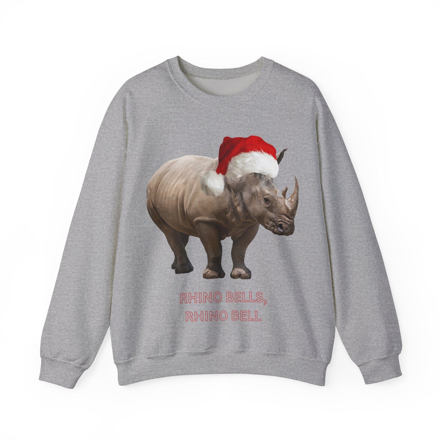 vibrant Rhino themed christmas jumper for animal lovers and wildlife lovers. Rhino Bells - play on jingle bells christmas song