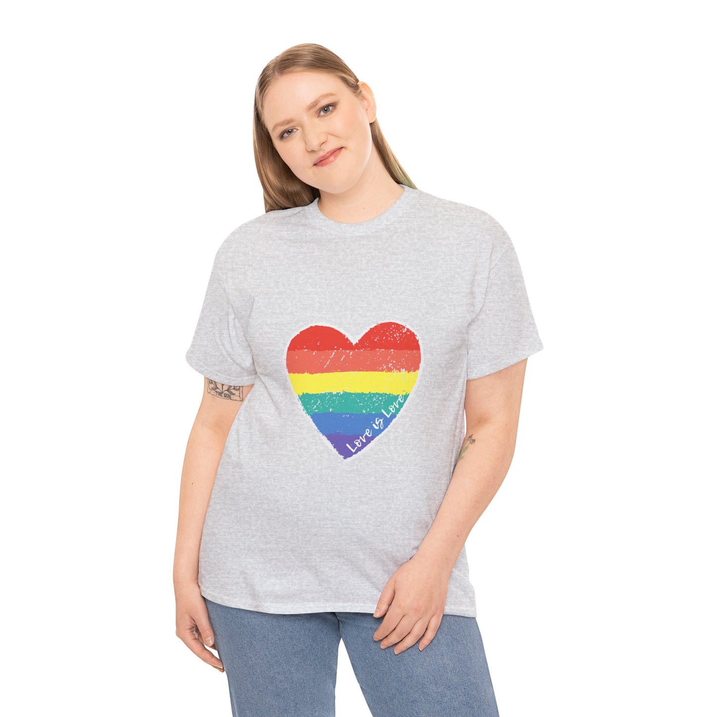 Unisex Heavy Cotton Tee - Love Is Love Rainbow Heart