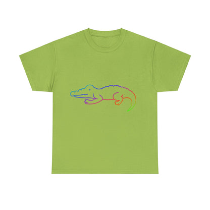 vibrant animal lover t-shirt with colourful rainbow crocodile outline. Great for as a gift. Great for wildlife adventures.