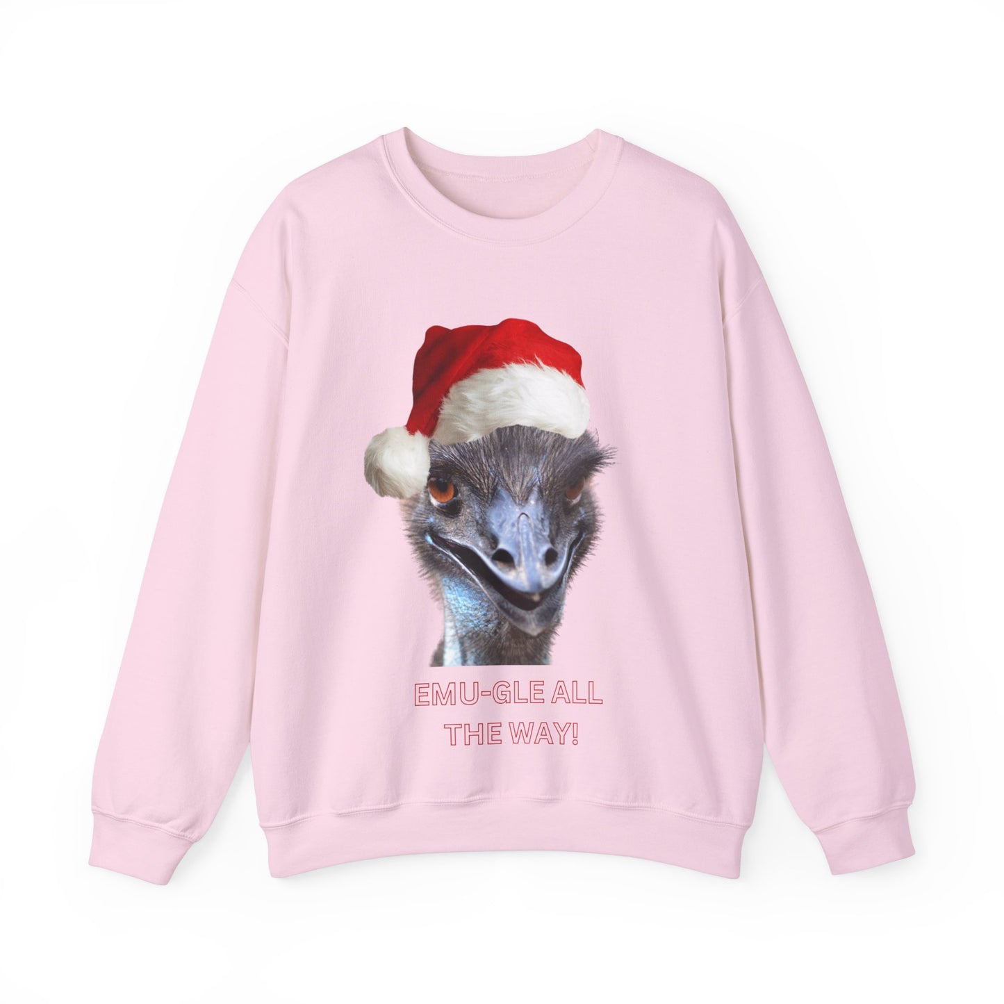 vibrant Emu themed christmas jumper for animal lovers and wildlife lovers. Emu-gle all the way - play on jingle all the way christmas song