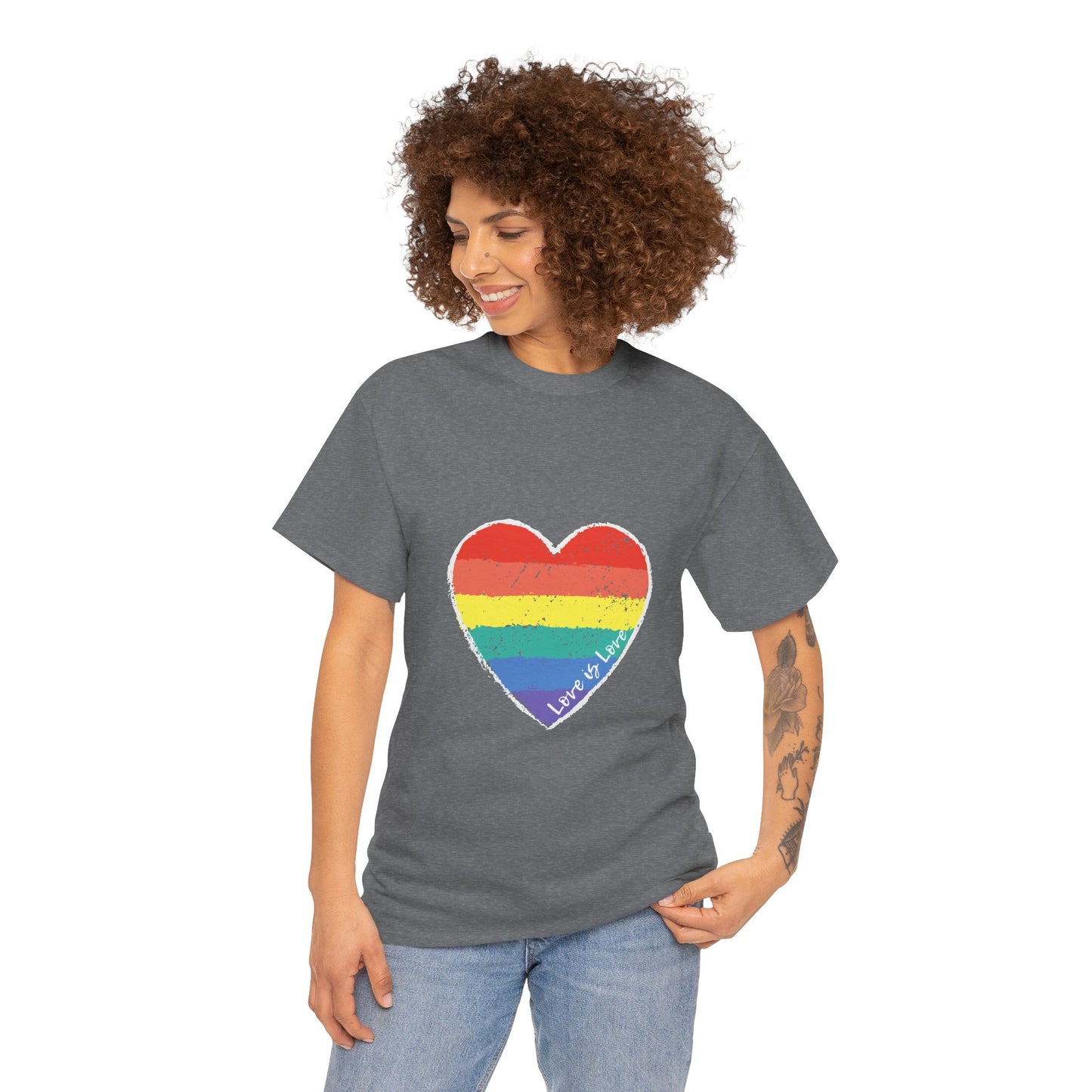 Unisex Heavy Cotton Tee - Love Is Love Rainbow Heart