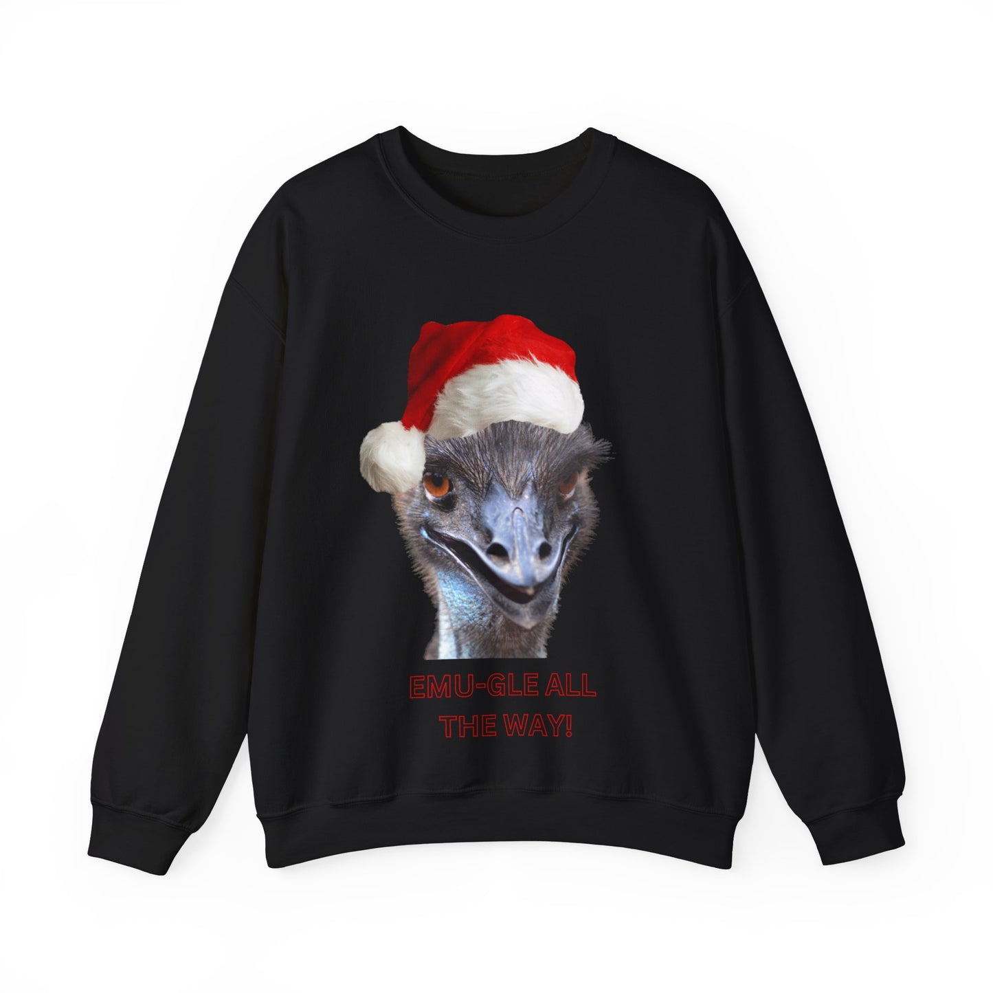 vibrant Emu themed christmas jumper for animal lovers and wildlife lovers. Emu-gle all the way - play on jingle all the way christmas song