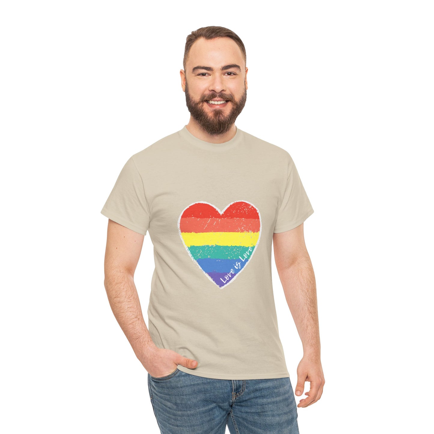 Unisex Heavy Cotton Tee - Love Is Love Rainbow Heart