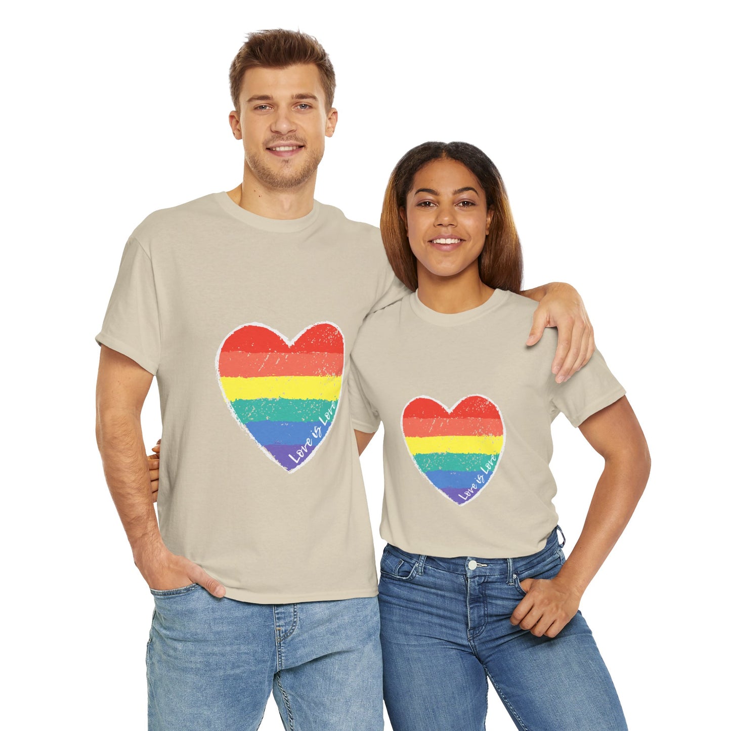 Unisex Heavy Cotton Tee - Love Is Love Rainbow Heart