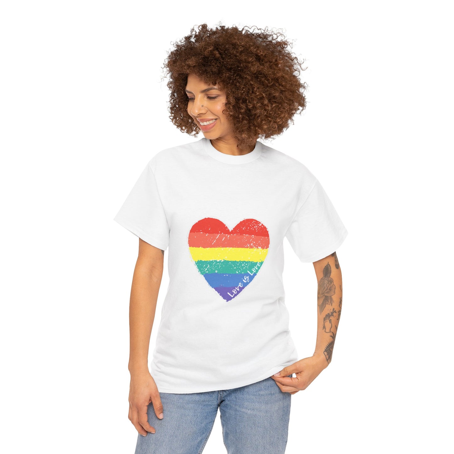 Unisex Heavy Cotton Tee - Love Is Love Rainbow Heart