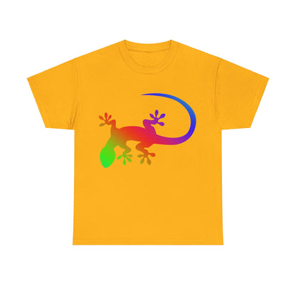 vibrant animal lover t-shirt with colourful rainbow gecko outline. Great for as a gift. Great for wildlife adventures.